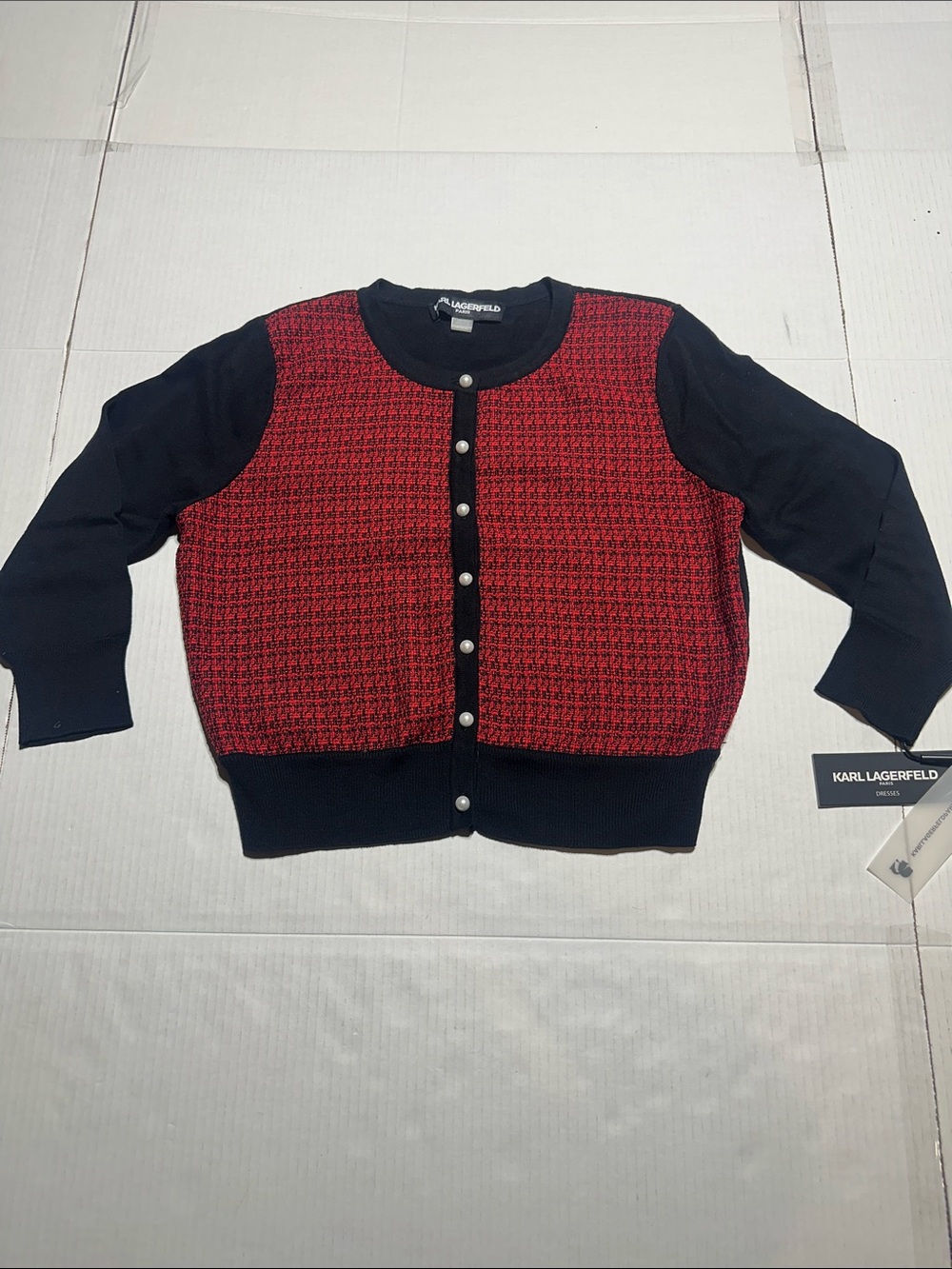 NWT Karl Lagerfeld Red & Black textures Knit Button-Front Cardigan pearly button